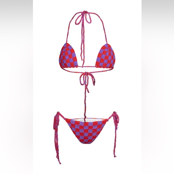 Memorial Day Pink and Red Checkered Crochet Bikini Set - Picture 1 of 3